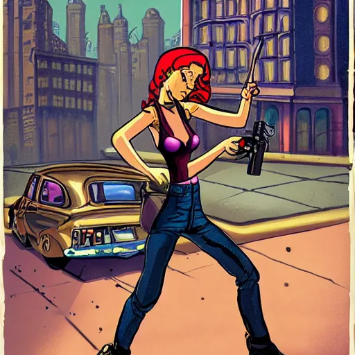 Image similar to young woman in city street holding a pistol, highly detailed Ralph Bakshi cartoon artstyle