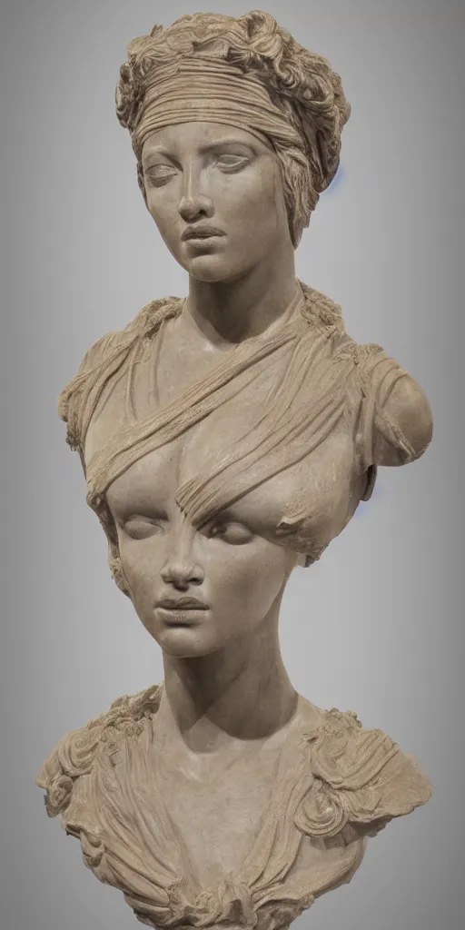 Prompt: detailed photo of ancient marble bust of beyonce, headshot, photorealism, intricate detail, museum diffuse lighting