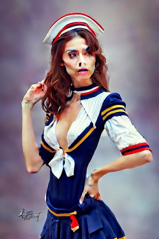 Image similar to full body photo of a gorgeous young woman wearing a sailor style outfit in the style of stefan kostic, realistic, sharp focus, 8k high definition, insanely detailed, intricate, elegant, art by stanley lau and artgerm