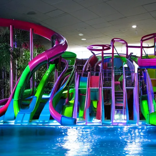 Image similar to dark, empty indoor children's water park with slides and other water features, night time, no lights, liminal space