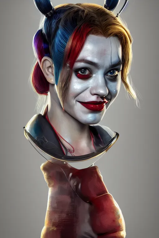 Prompt: cinematic portrait of Harley Quinn. Centered, uncut, unzoom, symmetry. character illustration. Surreal render, ultra realistic, zenith view. Polished. Inspired by patricio clarey, heidi taillefer scifi painter glenn brown. Extremely ornated. artstation, cgsociety, unreal engine, ray tracing, detailed illustration, hd, 4k, digital art, overdetailed art. Dslr, tiltshift, dof. 64megapixel. complementing colors. Trending on artstation, deviantart,