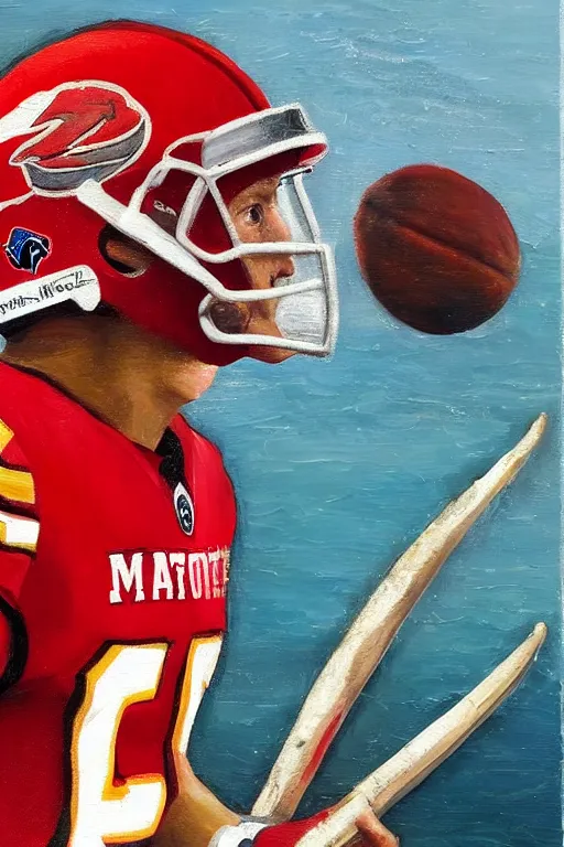 Prompt: patrick mahomes with a whaling harpoon oil painting portrait