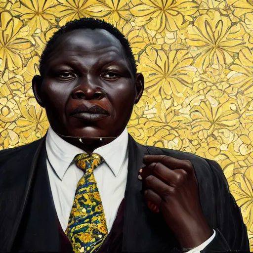 Image similar to a painting of a round face, XXL, Loving, caring, generous, ever-present, humble, wise elder from Kenya in a suit by Kehinde Wiley . Fatherly/daddy, focused, loving, leader, relaxed,. ethereal lights, details, smooth, sharp focus, illustration, realistic, cinematic, artstation, award winning, rgb , unreal engine, octane render, cinematic light, macro, depth of field, blur, red light and clouds from the back, highly detailed epic cinematic concept art CG render made in Maya, Blender and Photoshop, octane render, excellent composition, dynamic dramatic cinematic lighting, aesthetic, very inspirational, arthouse.