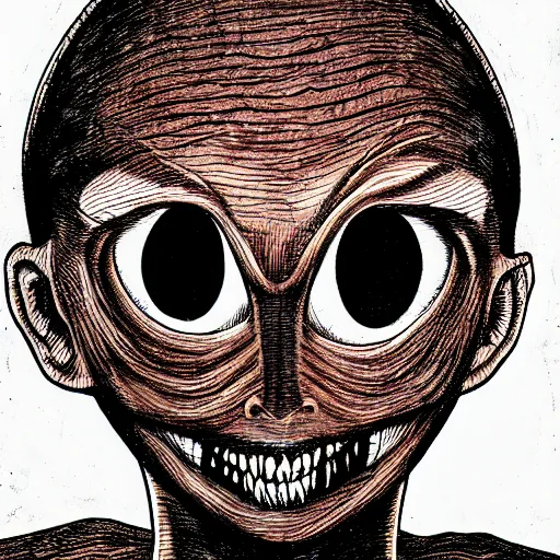 Image similar to a dark brown humanoid, hyper detailed, in the style of junji ito and and junji ito and junji ito, selfie