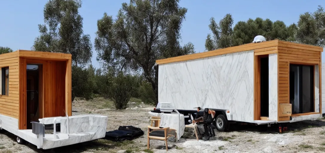 Image similar to greek tiny house on trailer made of marble designed by iktinos and callicrates.