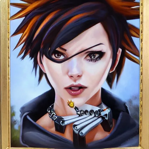 Image similar to oil painting of tracer overwatch in a field wearing spiked collar around neck, in style of peter kemp, expressive face, wearing choker with spikes, steel collar, detailed face, detailed eyes, full body, feminine face, tracer overwatch,