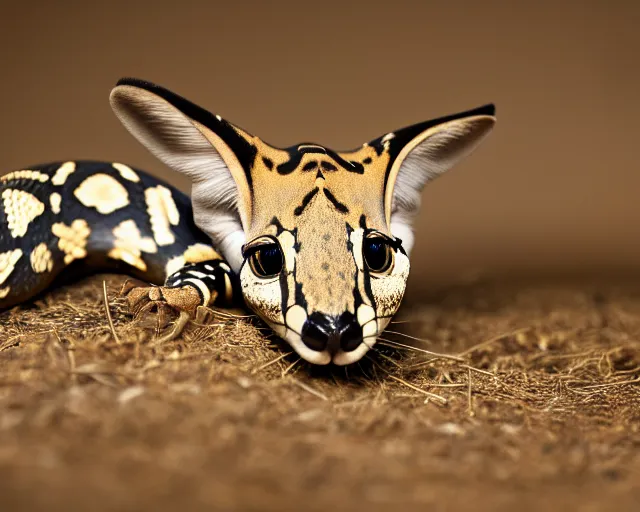 Image similar to an award winning photo of a serval - headed ball python, environmental portrait photography, national geographic, 4 k, sharp focus