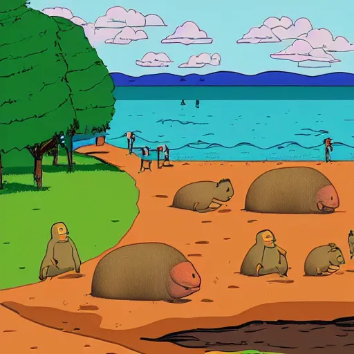 Image similar to capybaras camping on the seaside by yuga labs and by matt groening