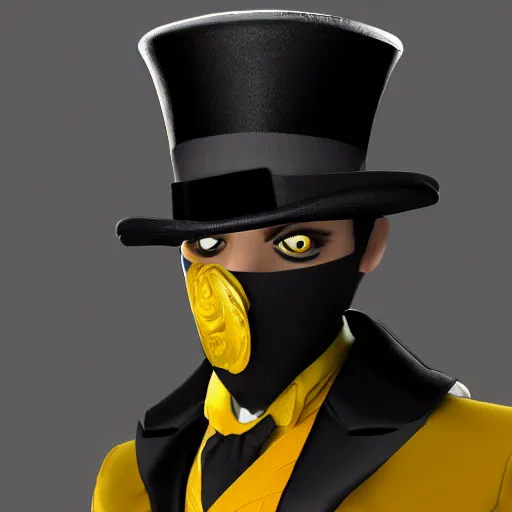 Image similar to a highly detailed portrait of a man in a high top hat covering his face, in a black tailcoat with a yellow waistcoat under the tailcoat, artstation, deviantart, professional, unreal engine 5, photorealistic