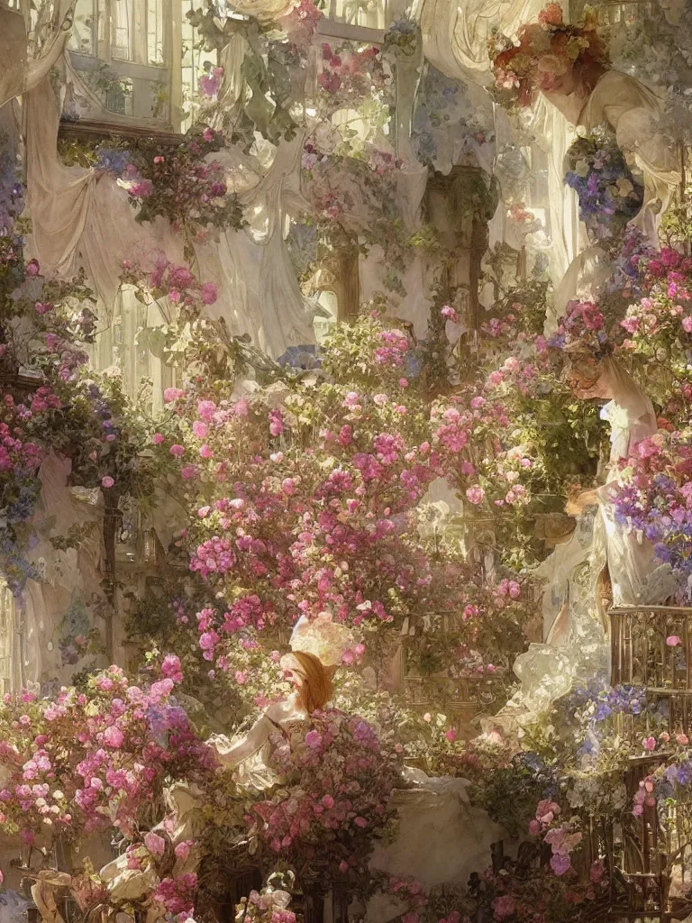 Image similar to a beautifull intricate watercolour painting of a victorian room with many flowers, reflexions, verry high details by william turner art, greg rutkowski and alphonse mucha, trending on artstation, very very detailed, masterpiece, wide lens, dreamy intense colours