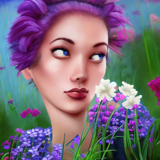 Image similar to a drawn picture of a dreaming woman with flowers grow out of hair, roses peonies forget-me-nots dahlias lupins gladioli, sky theme in background, Digital Art, Trending on artstation