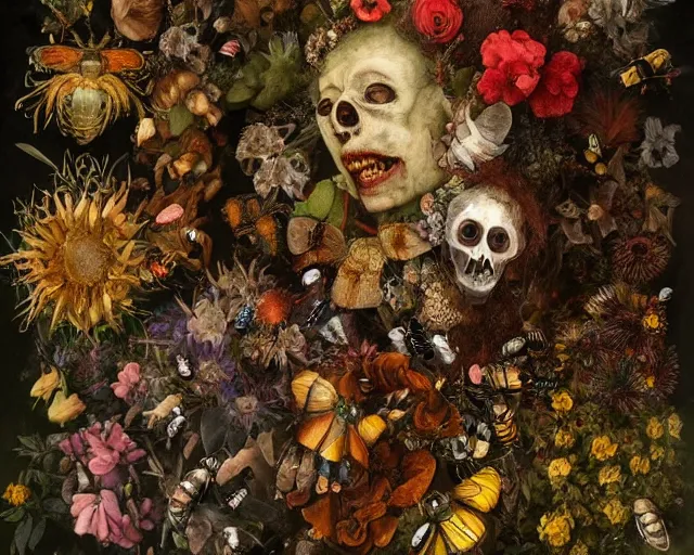 Image similar to A beautiful detailed existential horror portrait painting 'The Godes of nature' by Giuseppe Arcimboldo, flowers bees and birds everywhere, Trending on cgsociety artstation, highly detailed, 8k, masterpiece, in the style of DiscoDiffusion.