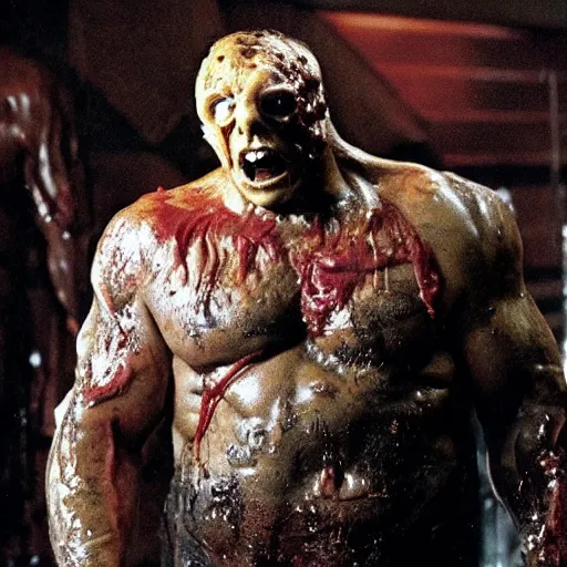 Image similar to big buff grotesque scary fleshy wet, Nemesis from biohazard, movie still iconic