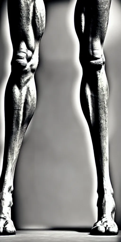 Image similar to muscular legs, broad feet, cross between elephant and human legs, sturdy columns for supporting a giant's weight, sinewy, supportive, striated, strong, modesty, properly dressed, leg focus, photographic realism