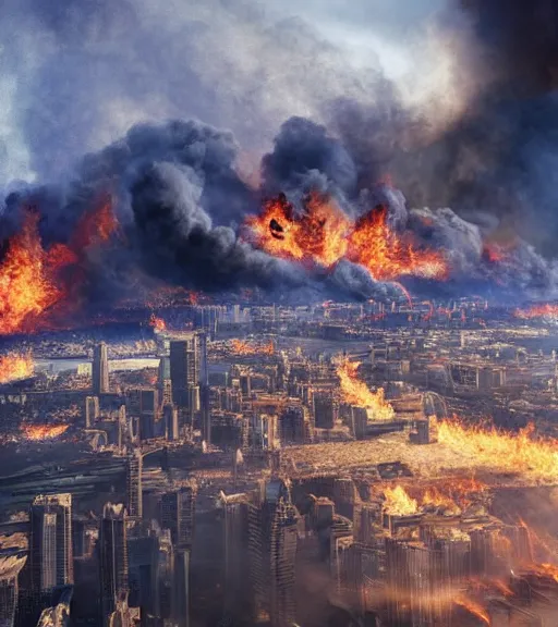 Prompt: Powerful giant destroying city, everything in fire, realistic photo, high detailed