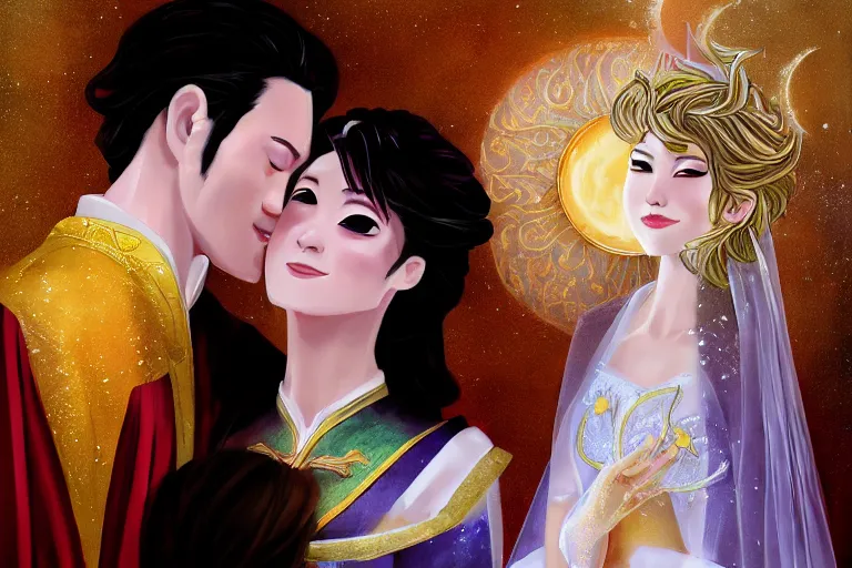 Image similar to a cinematic portrait of wedding photograph jpeg close up moment of a divine a japan sun god and moon goddess lovers magician at a wedding banquet. portraiture. digital painting. artstation. concept art. wedding photo. digital painting. frozen ii art masterpiece by art by krenz cushart