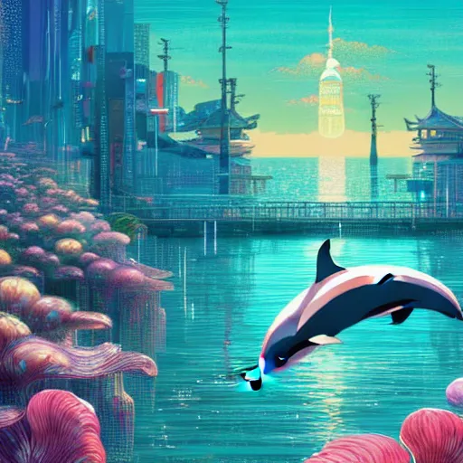 Image similar to a beautiful hyperdetailed character design 4 k wallpaper illustration of a cute dolphin, city by the sea, victo ngai cyberpunk style, from china, style of studio ghibli, makoto shinkai, raphael lacoste, louis comfort tiffany, artgerm, james jean, ross tran, chinese style