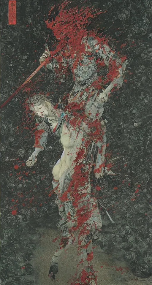 Image similar to Japanese schoolgirl runs away from Samurai with a katana on the subway, high detailed Beksinski painting, part by Adrian Ghenie and Gerhard Richter. art by Takato Yamamoto. masterpiece