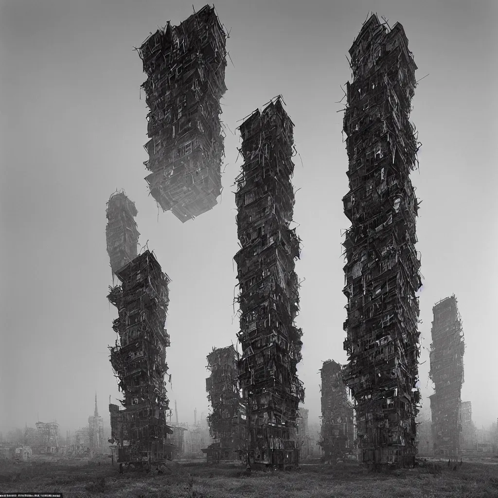 Image similar to two giant towers, made up of makeshift squatter shacks, misty, dystopia, mamiya rb 6 7, fully frontal view, very detailed, digital glitches, photographed by ansel adams