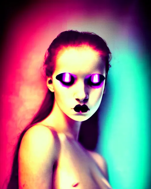 Prompt: beautiful young female with profile face eyes closed mouth open got an orgasm, analog, neon lights, alexander mcqueen, art nouveau fashion, steampunk, realistic photography, grainy image