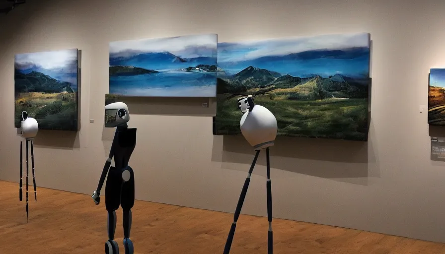 Image similar to robots holding paintbrushes against photos of landscapes in a gallery