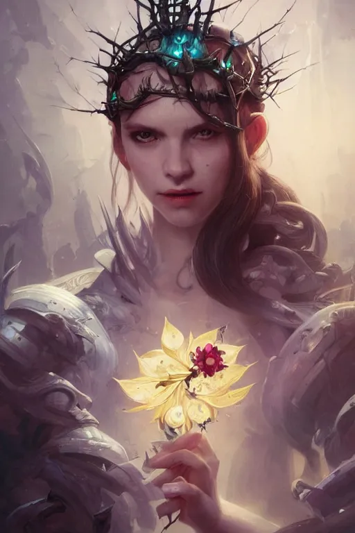 Prompt: portrait of cute gith maiden girl with crown of thorns and white hairs, warhammer, cyberpunk, 3 d render, hyper realistic detailed portrait, holding magic flowers, scifi, fantasy, hyper detailed, octane render, concept art, peter mohrbacher, artgerm, ruan jia, wlop