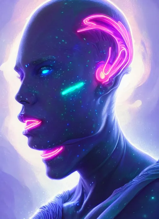 Image similar to a faceless masculine humanoid liquefied stardust adventurer, dnd fantasy character, full body portrait, glowing neon skin, magical aura, ultra realistic, intricate, elegant, highly detailed, digital painting, artstation, smooth, sharp, focus, illustration, art by artgerm and greg rutkowski and alphonse mucha