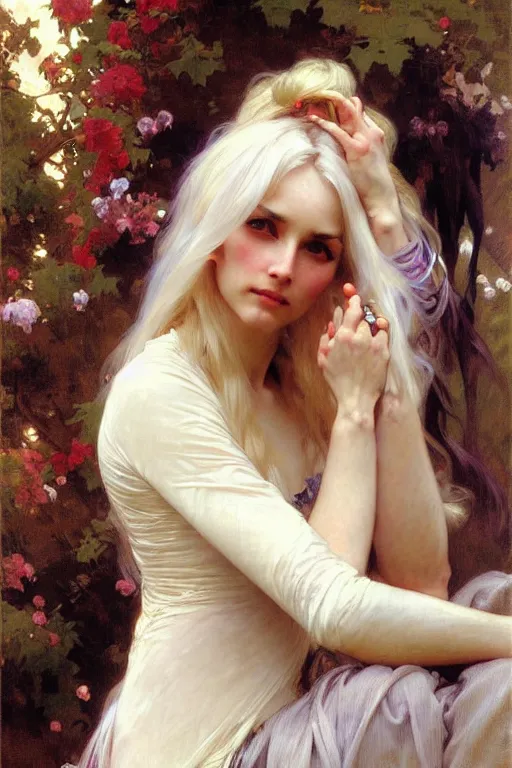 Prompt: women with long white hair, painting by daniel gerhartz, alphonse mucha, bouguereau, detailed art, artstation