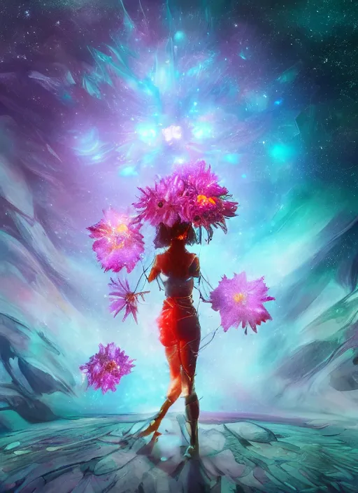 Image similar to An epic fantastic realism comic book style painting of the most beautiful spinning flowers floating into the dark and starry cosmos, exquisite bouquets, fisheye, a star implodes, unreal 5, DAZ, hyperrealistic, octane render, dynamic lighting