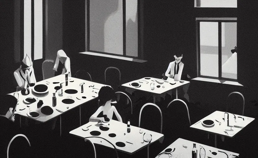 Image similar to a mysterious surreal dinner scene illustration by atey ghailan and escher and edward hopper, surreal