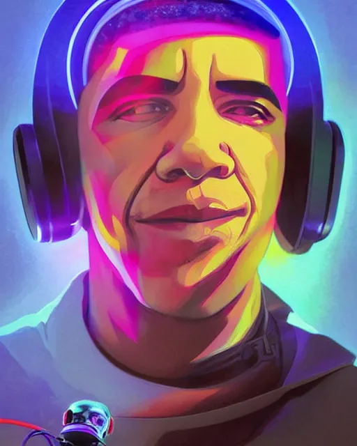 Image similar to obama as future coder man looking on, sleek cyclops display over eyes and sleek bright headphoneset, neon accent lights, holographic colors, desaturated headshot portrait digital painting by dean cornwall, rhads, john berkey, tom whalen, alex grey, alphonse mucha, donoto giancola, astronaut cyberpunk electric