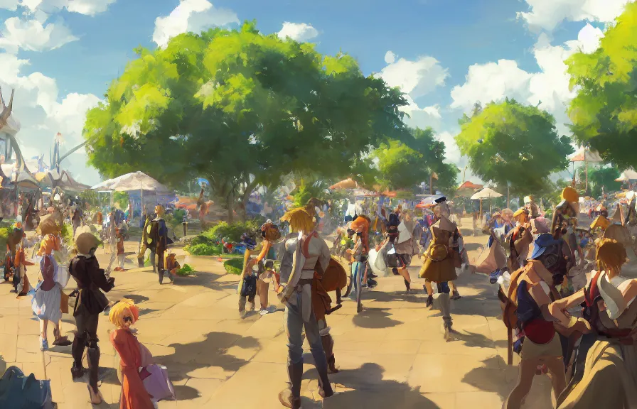 Prompt: greg manchess concept art of the millennial fair from chrono trigger, outdoor fairgrounds, grass, trees, colorful striped pavillions, key visual, ambient lighting, highly detailed, digital painting, trending on artstation, concept art, sharp focus, by makoto shinkai and akihiko yoshida and hidari and wlop