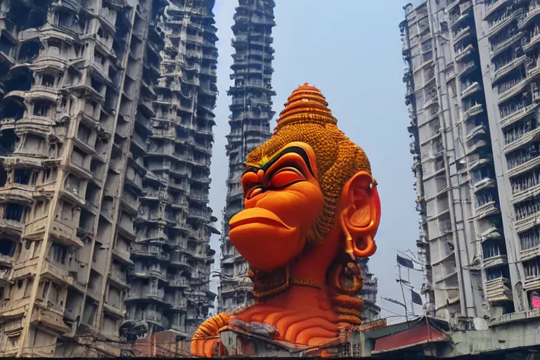 Image similar to high quality 3 d cyberpunk biomorphic hanuman head building in the middle of mumbai!!, kalighat highly detailed, cinematic smooth, stephen shore & john j. park, soft morning light, wide shot, high angle, uhd 8 k, deep focus