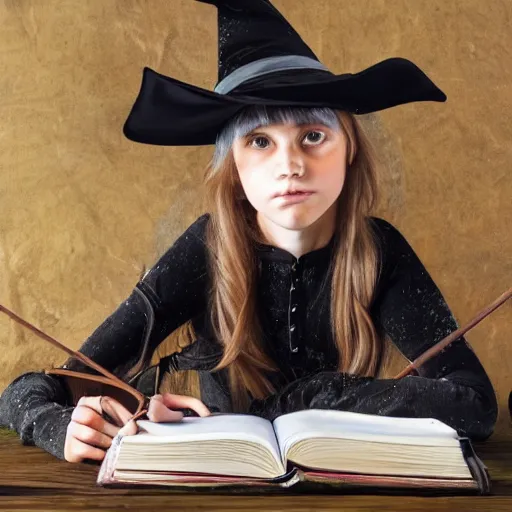 Prompt: young medieval girl wearing witch's hat and headphones sitting studying