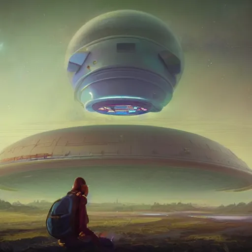 Image similar to a digital painting of a person looking up at a gigantic big enormous ufo spaceship in the sky far in the distance concept art by simon stalenhag and peter mohrbacher cgsociety, speedpainting, apocalypse art. unreal engine. hyper - realistic. photo realistic. 3 d render. octane render. detailed masterpiece. extreme wide shot. zoomed out.