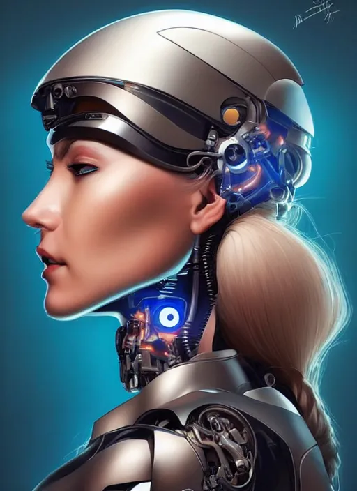 Image similar to portrait of a cyborg woman who turns her head to the ((((((right))))) left+130 (((((up))))) (((((down))))) by Artgerm,eyes closed , biomechanical, hyper detailled, trending on artstation