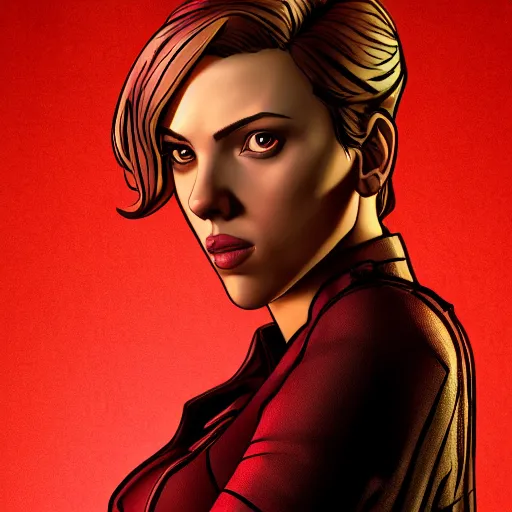 Image similar to scarlett johansson portrait, borderlands, tales from the borderlands, the wolf among us, comic, cinematic lighting, studio quality, 8 k