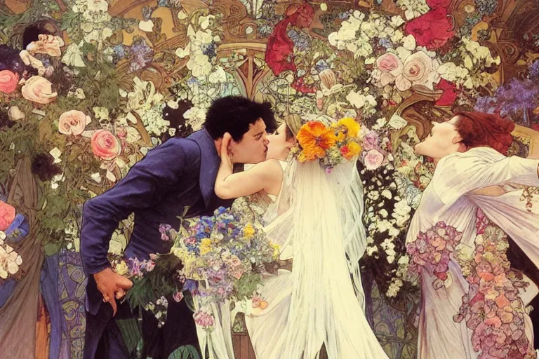 Image similar to the groom kisses the bride at a wedding full of flowers, bright and happy, dreamlike art, highly detail, 4 k realistic, wedding photoy krenz cushart. artem demura. alphonse mucha. yoji shinkawa artgerm. jon lothian. danilo torres. adi meyers. thomas reimann. gaston bussiere.