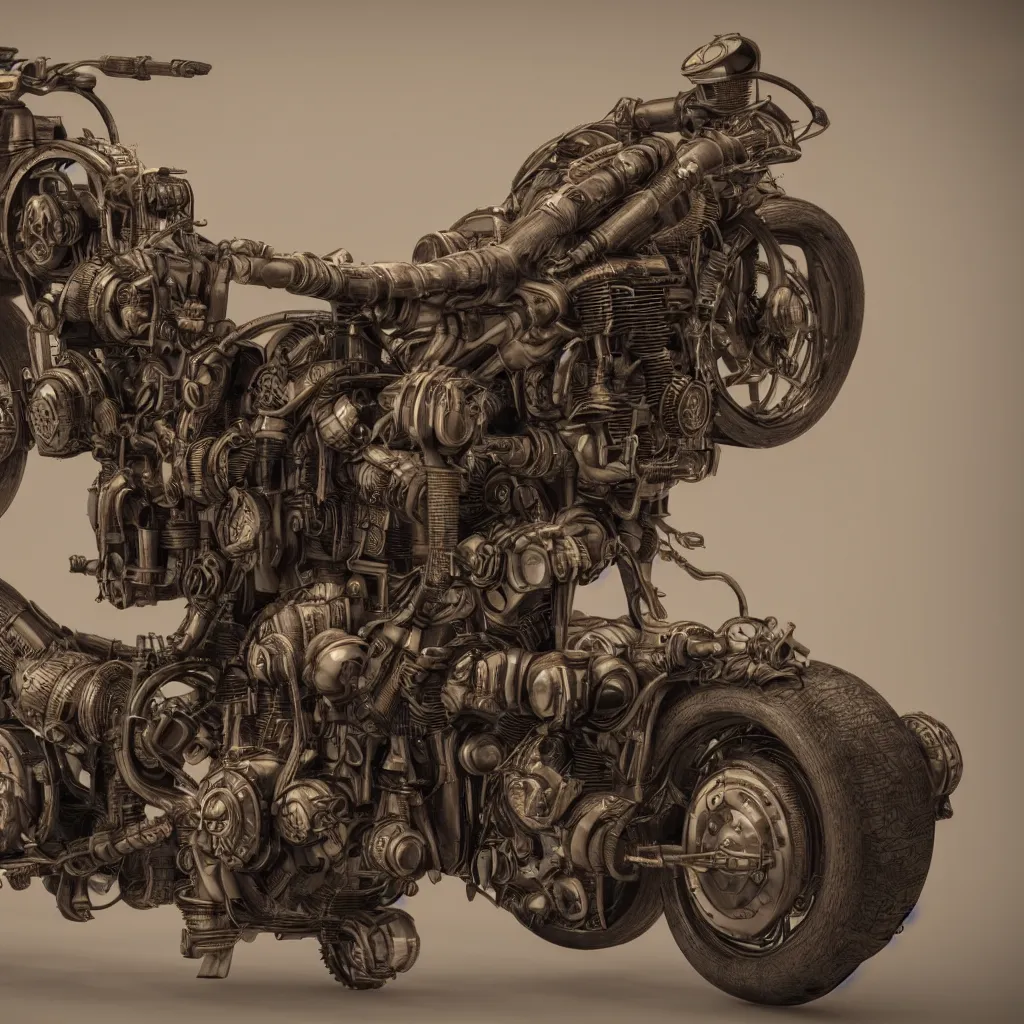 Image similar to steampunk style motorcycle, photorealistic, 3 d rendering, cute, unreal engine, bokeh