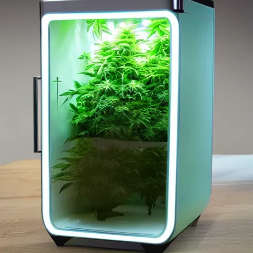 Image similar to cute cannabis home growing cube fully automated, beautifully designed kitchen appliance, modern apartment interior