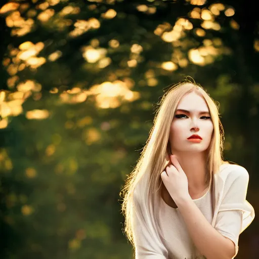 Image similar to outdoor portrait of a very beautiful young woman with gorgeous eyes, high cheek bones, flowing hair, lens flare, glow, dramatic lighting, 5 0 mm f 1. 2, fuji 4 0 0 h