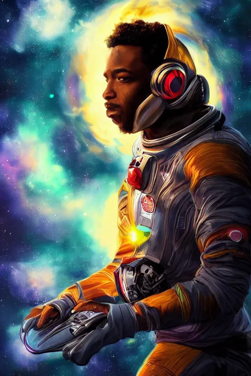 Prompt: cinematic action shot of a handsome african-american man in an advanced spacesuit floating in front of exploding nebulae halos, digital illustration trending on artstation by artgerm and rutkowski