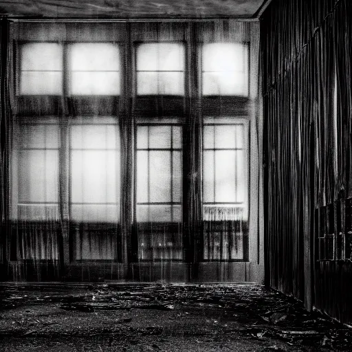 Image similar to a grainy photo of a shadowy figure in a birdcage in an old abandoned hall, black and white, motion blur, long exposure