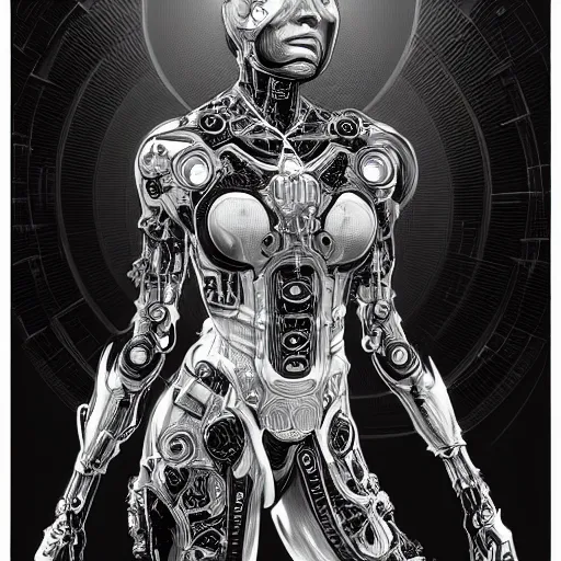 Prompt: vibrant portrait of beautiful black onyx cyborg woman by laurie greasley gustave dore ron english, cybernetics, low contrast, cinematic dramatic lighting, hyper realistic detailed intricate render, hypermaximalist, ornate, epic composition, cryengine octane, sharp focus, concept art, masterpiece