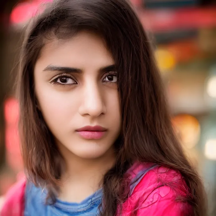 Prompt: portrait photograph of an extremely beautiful!!!! young pakistani female, Distant look on her face, natural light, wearing a t-shirt and jeans!! Brown hair. Blue eyes. Standing on a Japanese neon lit street. looking at the camera!!. super resolution. Extremely detailed. Graflex camera!, bokeh!!!!! trending on artstation.