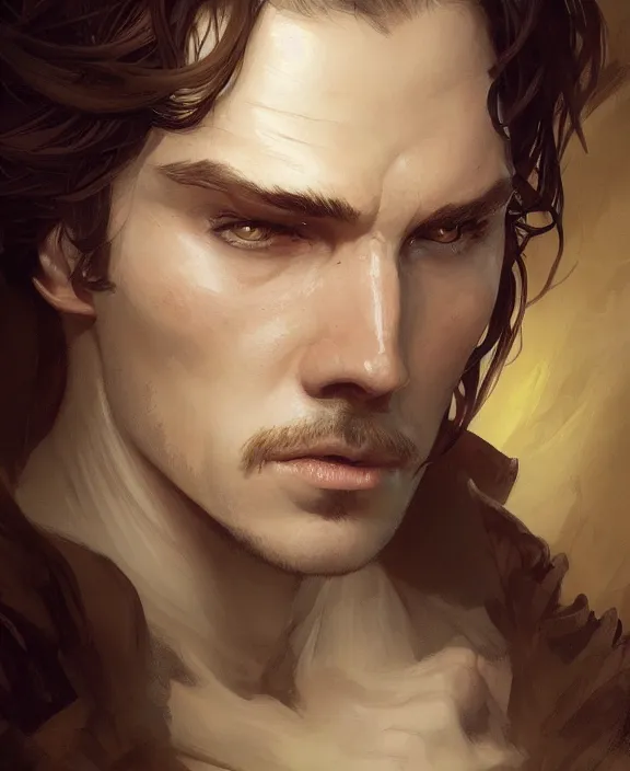 Prompt: portrait close up of guy, concentrated look, d & d, fantasy, intricate, elegant, highly detailed, digital painting, artstation, concept art, art by artgerm and greg rutkowski and alphonse mucha, boris vallejo