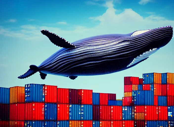 Image similar to a happy whale in front of a huge stack of containers at the port, intricate details, photo realistic octane render