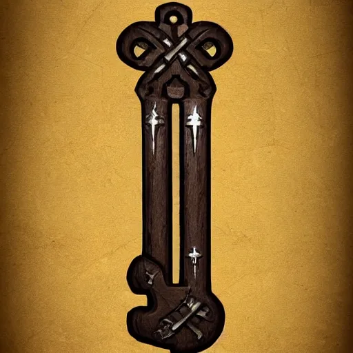 Image similar to a medieval wooden key for the doors, rpg game inventory item, Warcraft style, outer glow, solid background, trending on artstation