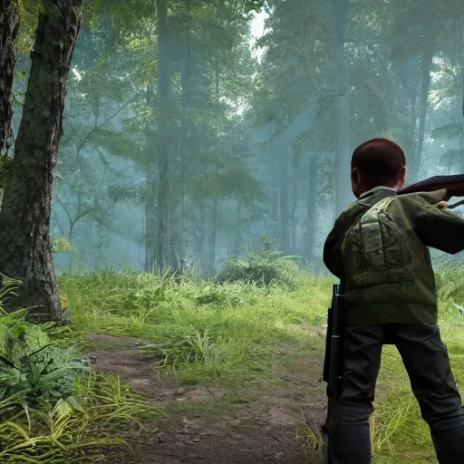 Image similar to in a background green forest, in foreground boy with shotgun, 8 k, ultra detailed, ultra realistic, unreal engine 5