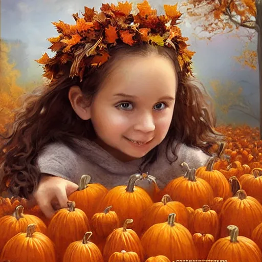 Image similar to a cute little girl with light brown wavy curly hair and blue eyes sitting amidst piles of pumpkins. beautiful cute highly detailed face. she is wearing a crown of autumn leaves. autumn and fall and halloween themed painting by artgerm and greg rutkowski and raymond swanland.